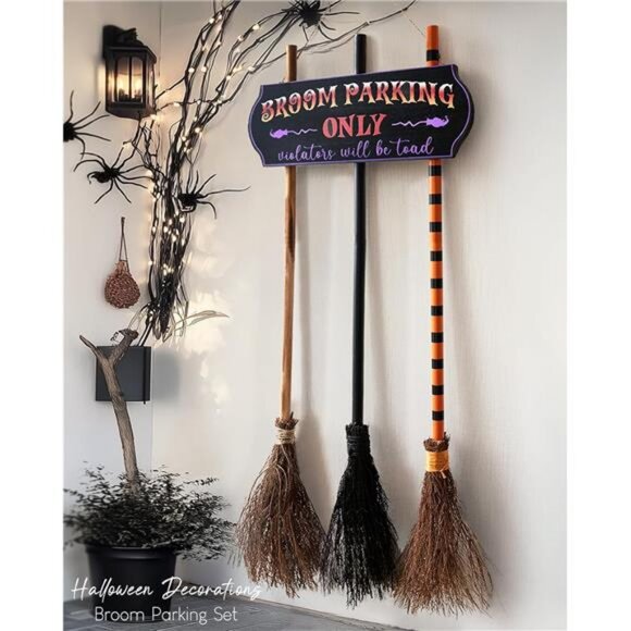 Holiday | Halloween Decorations Broom Parking Sign With 3 Wooden ...